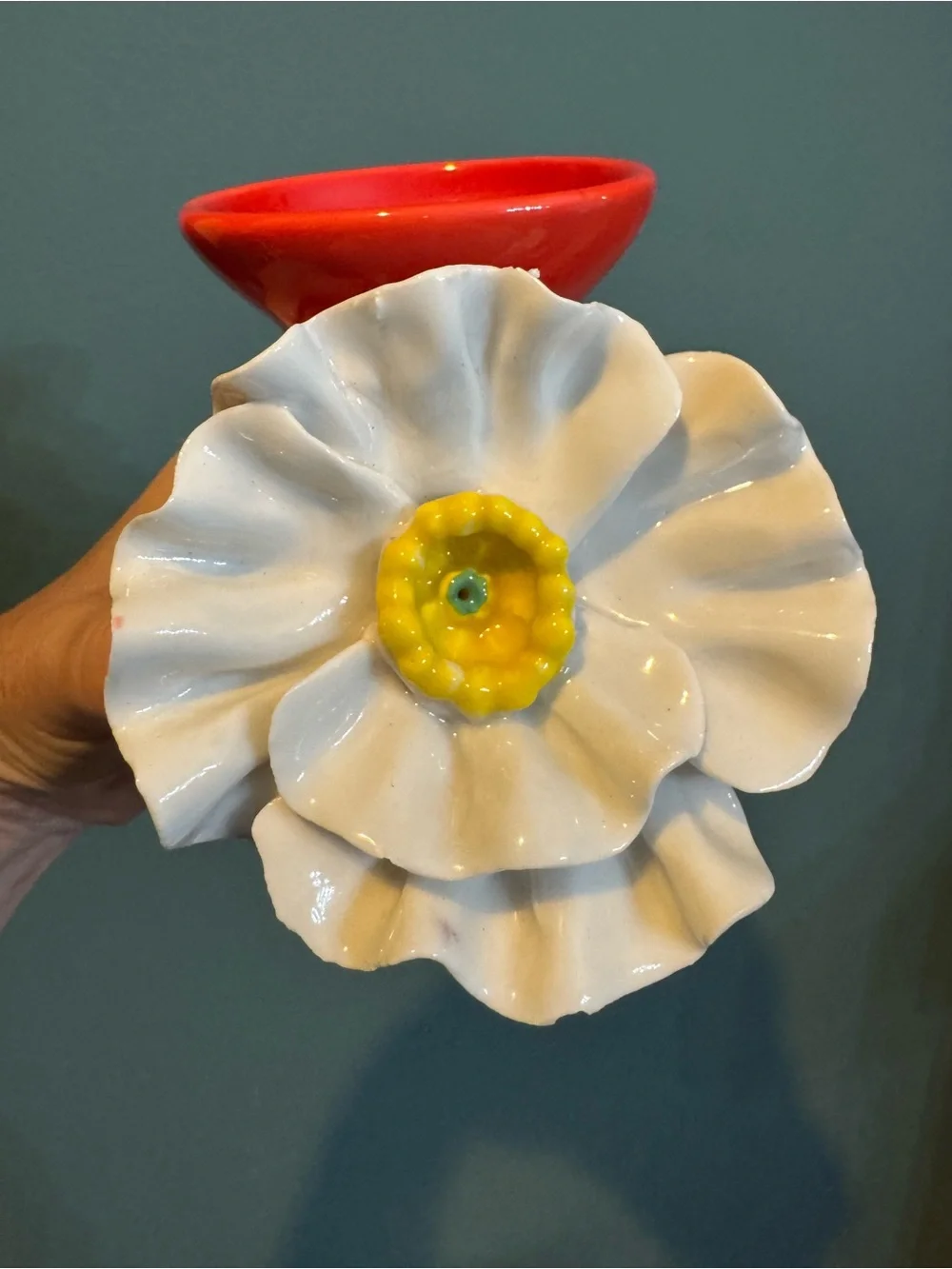 Anthropologie 3D White Poppy Red Ceramic Vase